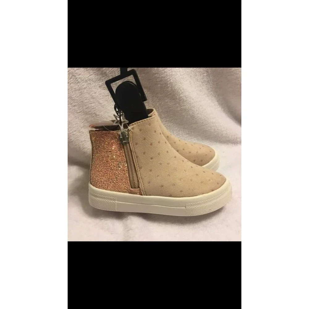 Wonder Nation Star Print Ankle Boots Kids Size 11 Tan Rose Gold NEW Glitter‎